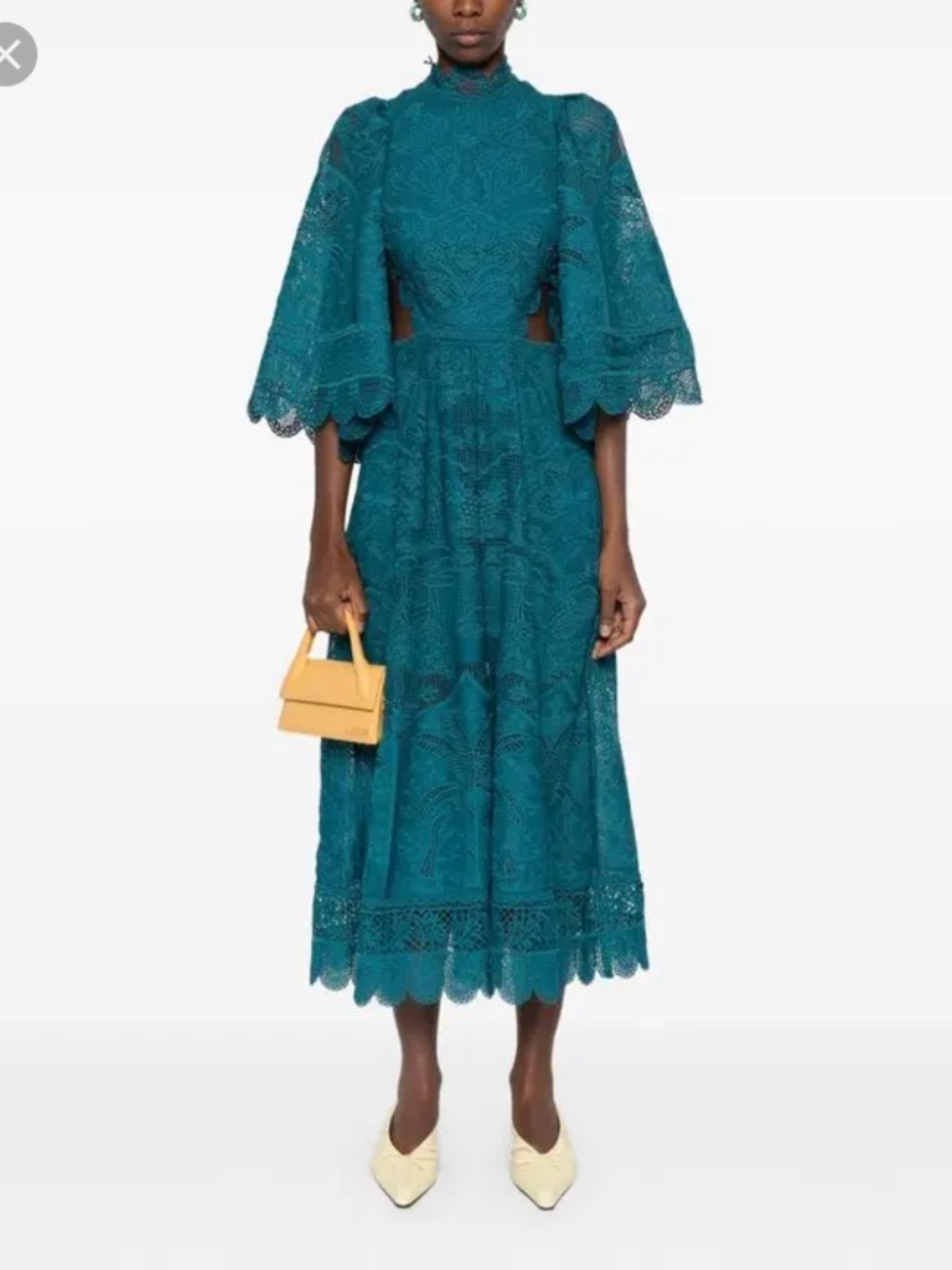 Farm Rio Teal Green Guipure Cut-Out Midi Cocktail Puff Sleeve Lace Midi Dress